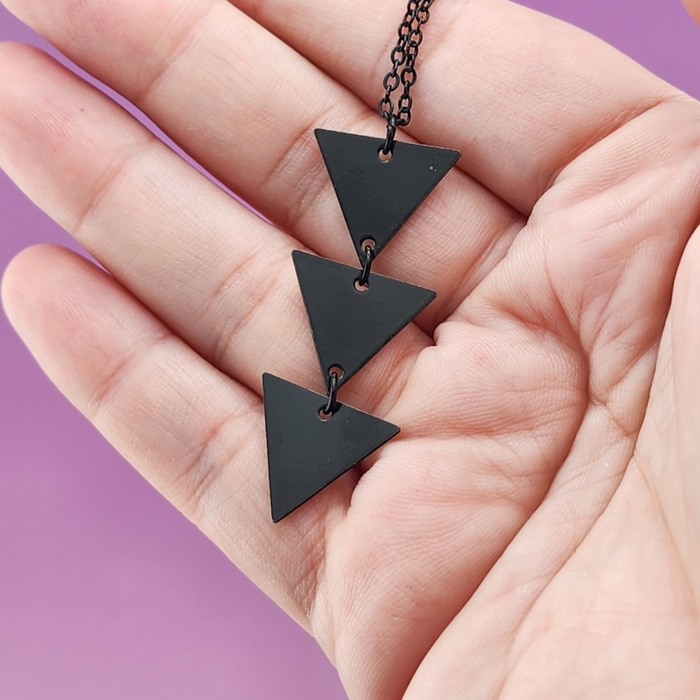 Black Geometric Triangle Pendant Necklace Triple Drop Minimalist Gothic Jewelry